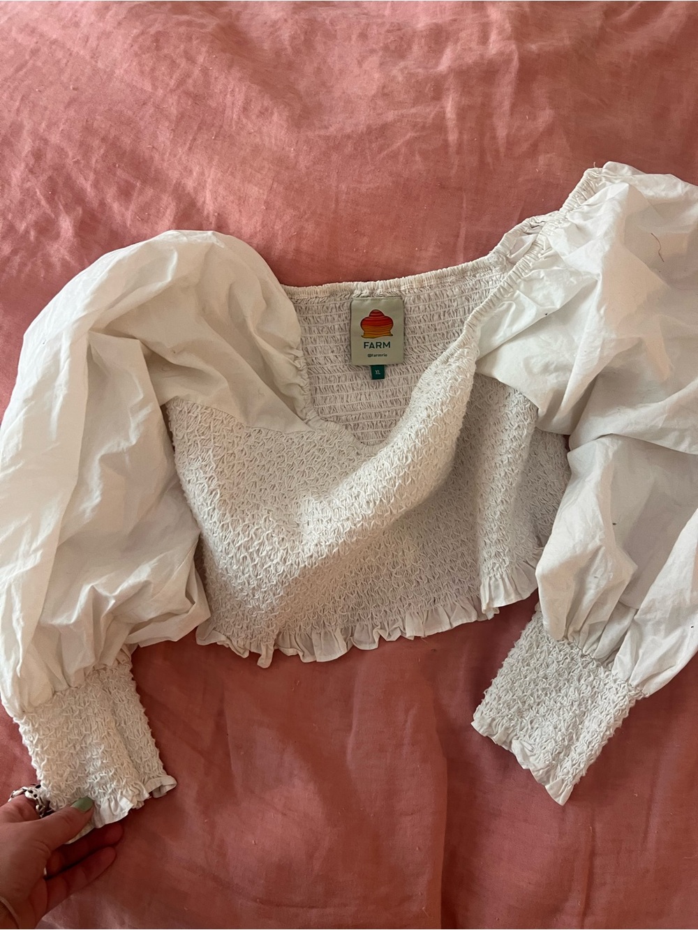 FARM Rio White Smocked Puff-Sleeve Crop Top with Ruffle Trim